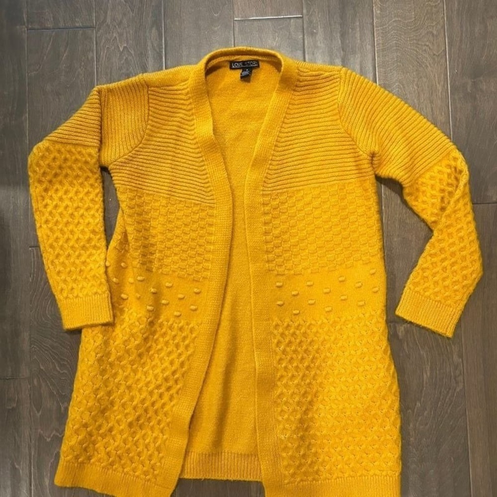 Love Story Womens Mustard Yellow Mixed Knit Open Front Longline Cardigan Size M‎